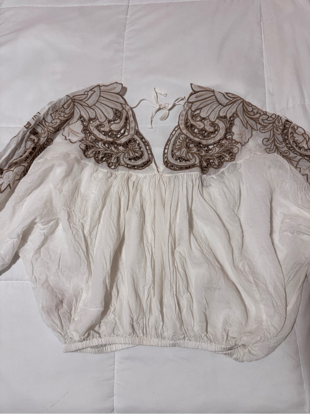 Free People embroidered Cream Peasant Blouse with Brown Detail